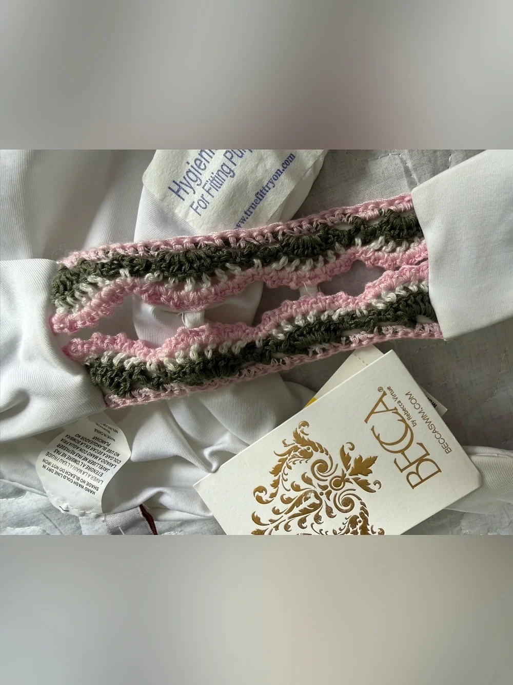 BECCA White Bikini Bottom with Pink & Green Crochet Waistband